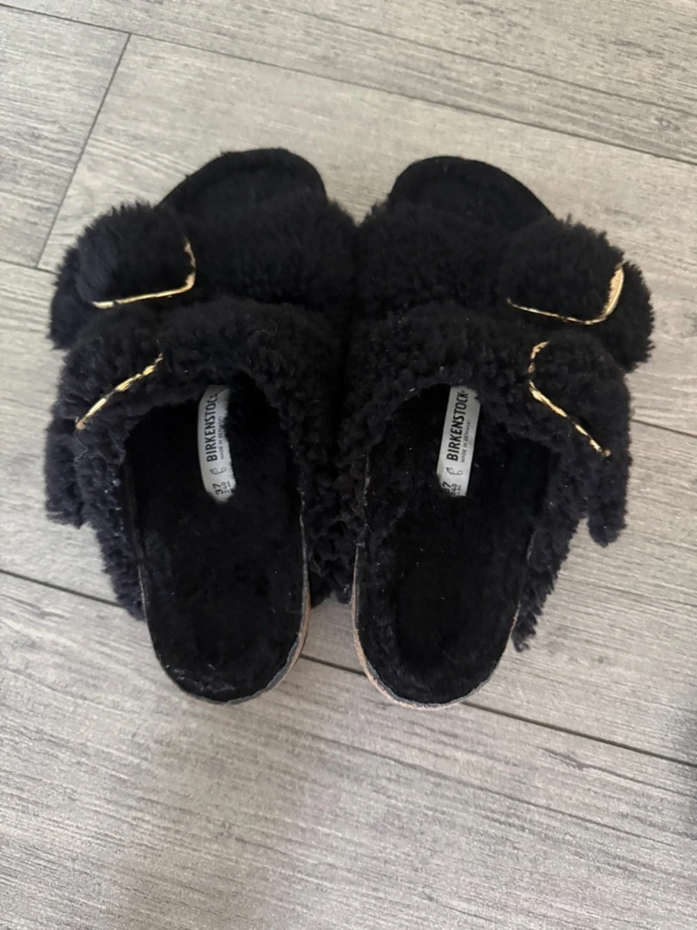 Womens Birkenstock Arizona Sherling & Big Buckle Lot 37 6.5 7 Black & Navy - Picture 2 of 7